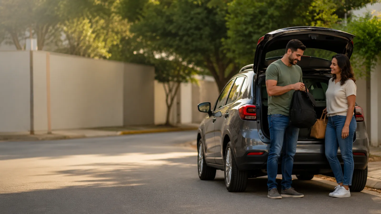 Casal guardando uma bolsa no porta-malas do carro em uma rua tranquila e arborizada